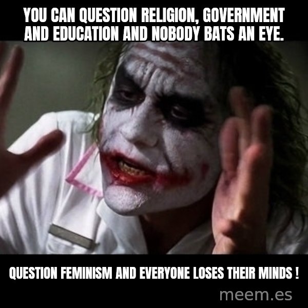 joker mind loss meme: You can question Religion, Government and Education and nobody bats an eye. / Question feminism and everyone loses their minds !