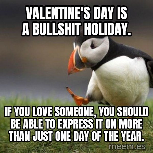 Unpopular Opinion Puffin meme: Valentine's day is a bullshit holiday. / If you love someone, you should be able to express it on more than just one day of the year.