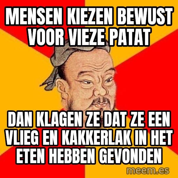 Wise Confucius meme: mensen kiezen bewust voor vieze patat / dan klagen ze dat ze een vlieg en kakkerlak in het eten hebben gevonden