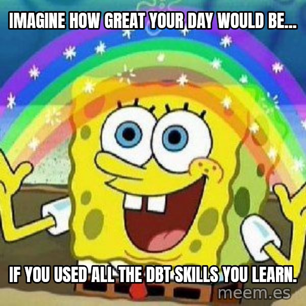 Imagination meme: IMAGINE HOW GREAT YOUR DAY WOULD BE... / IF YOU USED ALL THE DBT SKILLS YOU LEARN.