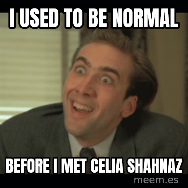 Nick Cage meme: I used to be normal / Before I met Celia Shahnaz