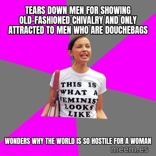 Feminist Cunt meme: Tears down men for showing old-fashioned chivalry and only attracted to men who are douchebags / Wonders why the world is so hostile for a woman
