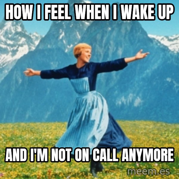 Sound Of Music Lady meme: How I feel when I wake up / and I'm not on call anymore