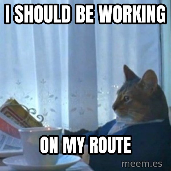 newspaper cat realization meme: I Should Be Working / On My Route