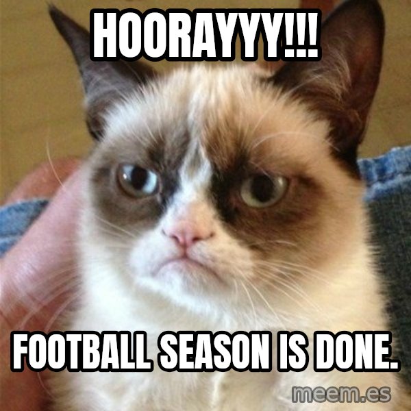 Grumpy Cat  meme: hoorayyy!!! / Football season is done.