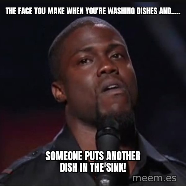 Kevin Hart Face meme: The face you make when you're washing dishes and..... / Someone puts another dish in the sink!
