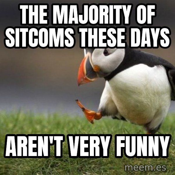 Unpopular Opinion Puffin meme: The majority of sitcoms these days / aren't very funny