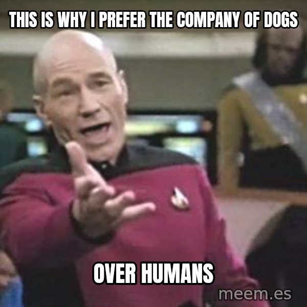Captain Picard meme: This is why I prefer the company of dogs / over humans