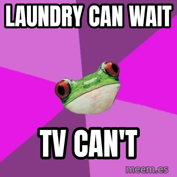 Foul Bachelorette Frog meme: laundry can wait / tv can't