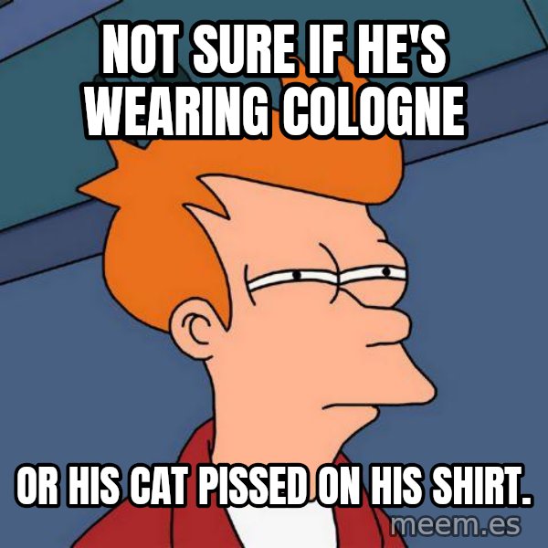 Futurama Fry meme: not sure if he's wearing cologne / or his cat pissed on his shirt.