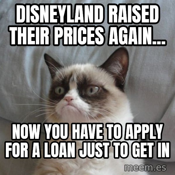 Grumpy cat good meme: Disneyland raised their prices again... / Now you have to apply for a loan just to get in