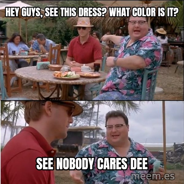 See? Nobody Cares meme: Hey Guys, See this Dress? What Color is it? / See Nobody Cares Dee