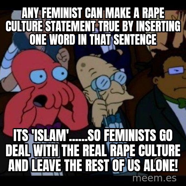 Zoidberg meme: Any feminist can make a rape culture statement true by inserting one word in that sentence / Its 'ISLAM'......SO feminists go deal with the real rape culture and leave the rest of us alone!