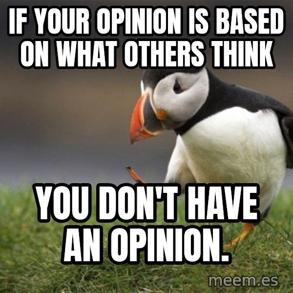 Unpopular Opinion Puffin meme: If your opinion is based on what others think / you don't have an opinion.