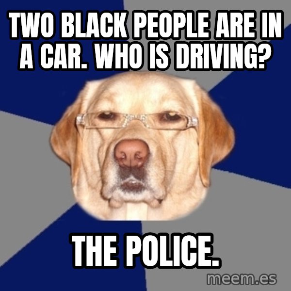 Racist Dog meme: two black people are in a car. who is driving? / the police.