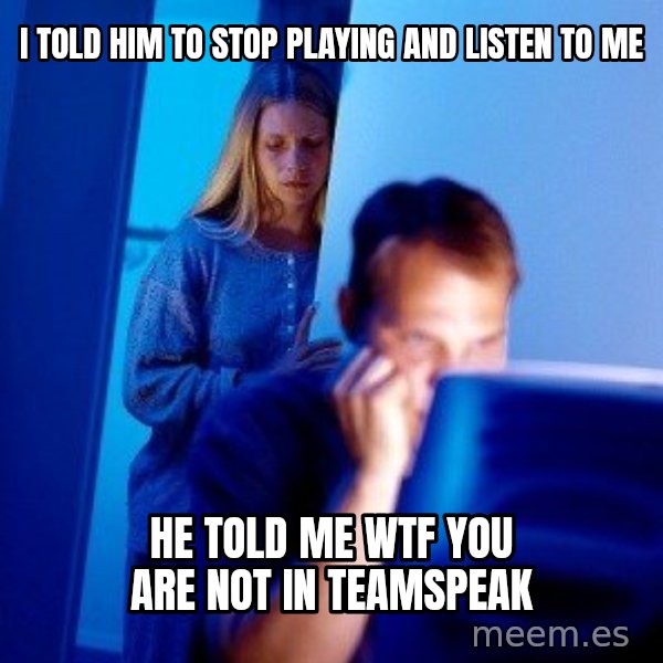 Internet Husband meme: I TOLD HIM TO STOP PLAYING AND LISTEN TO ME / HE TOLD ME WTF YOU ARE  NOT  IN TEAMSPEAK