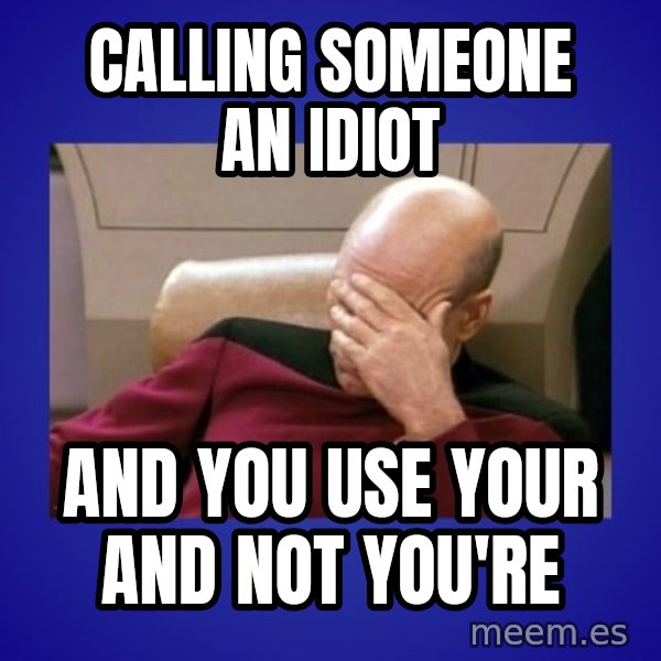 Picard facepalm  meme: Calling someone an idiot / and you use your and not  you're