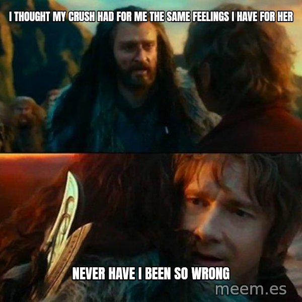 Never Have I Been So Wrong meme: I thought my crush had for me the same feelings I have for her / never have I been so wrong