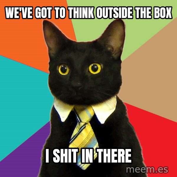Business Cat meme: We've got to think outside the box / I shit in there