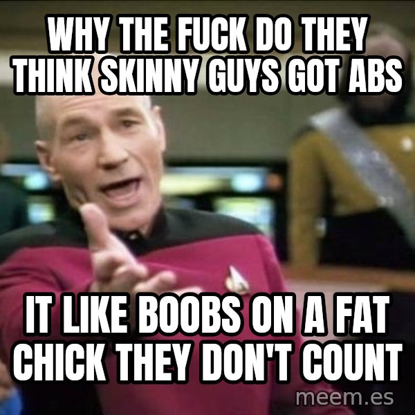 Why the fuck meme: Why the fuck do they think skinny guys got abs / It like boobs on a fat chick they don't count