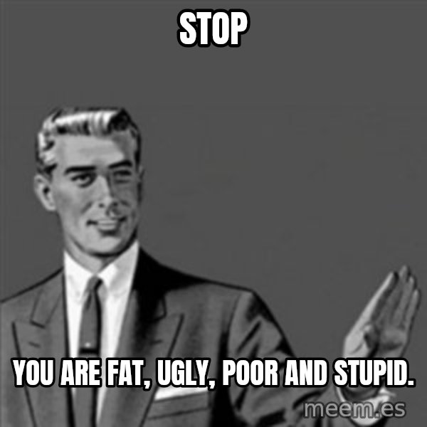Correction Guy meme: Stop / You are fat, ugly, poor and stupid.