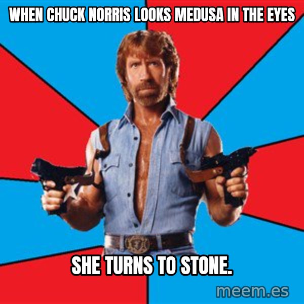 Chuck Norris  meme: when chuck norris looks medusa in the eyes / she turns to stone.