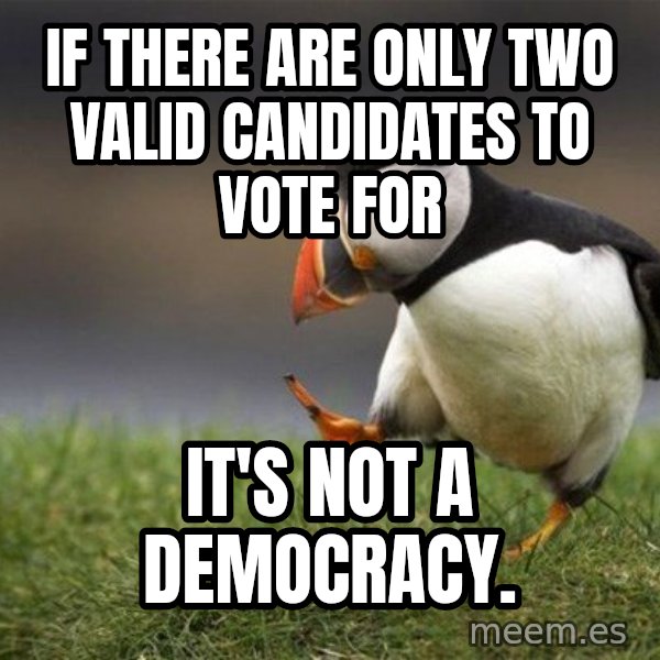 Unpopular Opinion Puffin meme: if there are only two valid candidates to vote for / it's not a democracy.