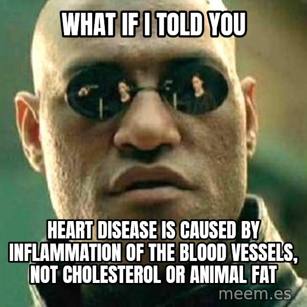 What if I told you / Matrix Morpheus meme: What if I told you / Heart disease is caused by inflammation of the blood vessels, not cholesterol or animal fat