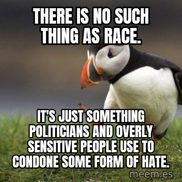 Unpopular Opinion Puffin meme: There is no such thing as race. / It's just something politicians and overly sensitive people use to condone some form of hate.