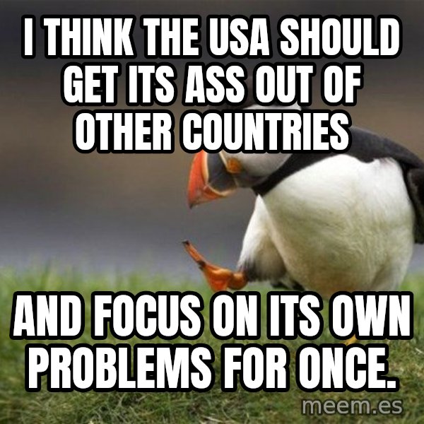 Unpopular Opinion Puffin meme: I think the usa should get its ass out of other countries / and focus on its own problems for once.