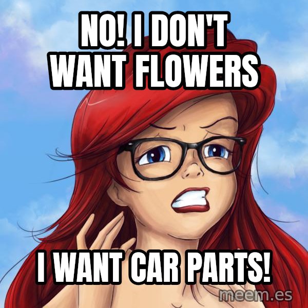Hipster Ariel meme: NO! I DON'T WANT FLOWERS / I WANT CAR PARTS!