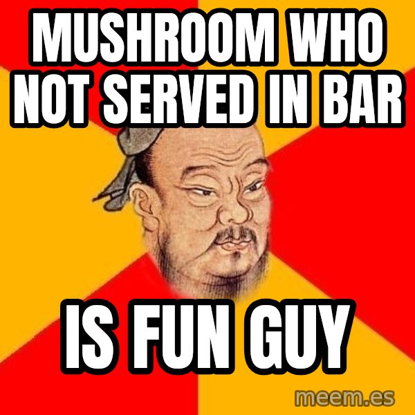 Wise Confucius meme: mushroom who not served in bar / is fun guy
