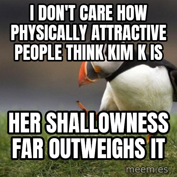 Unpopular Opinion Puffin meme: I don't care how physically attractive people think Kim K is / Her shallowness far outweighs it