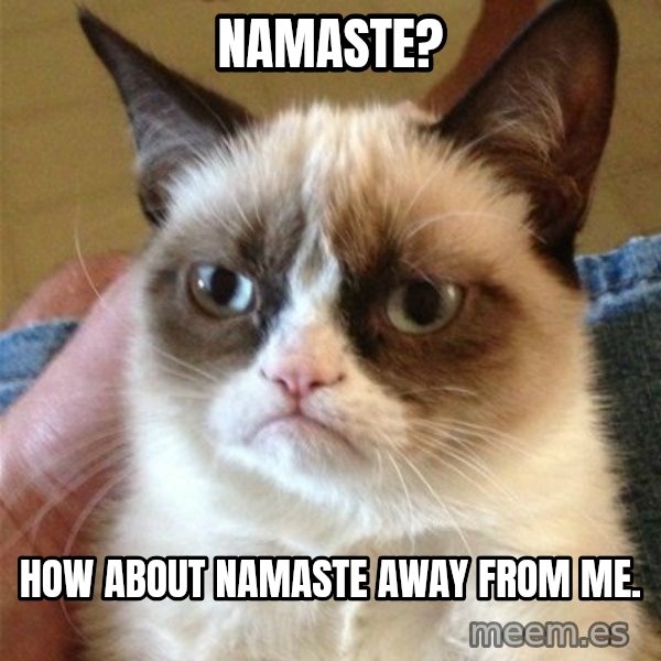 Grumpy Cat  meme: namaste? / how about namaste away from me.