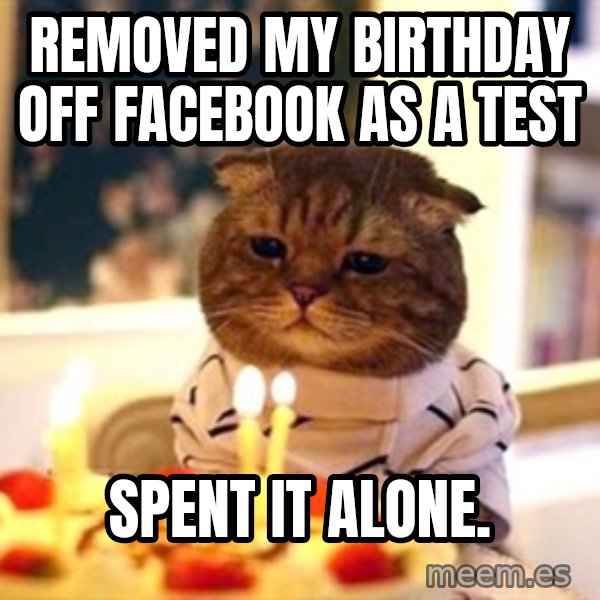 Birthday Cat meme: Removed my birthday off facebook as a test / Spent it alone.