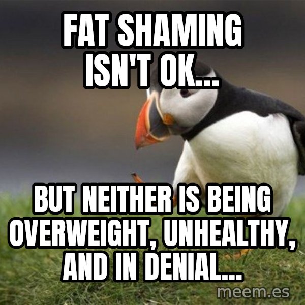 Unpopular Opinion Puffin meme: Fat shaming isn't ok... / But neither is being overweight, unhealthy, and in denial...