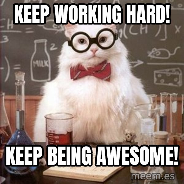 Chemistry Cat meme: Keep working hard! / Keep being awesome!