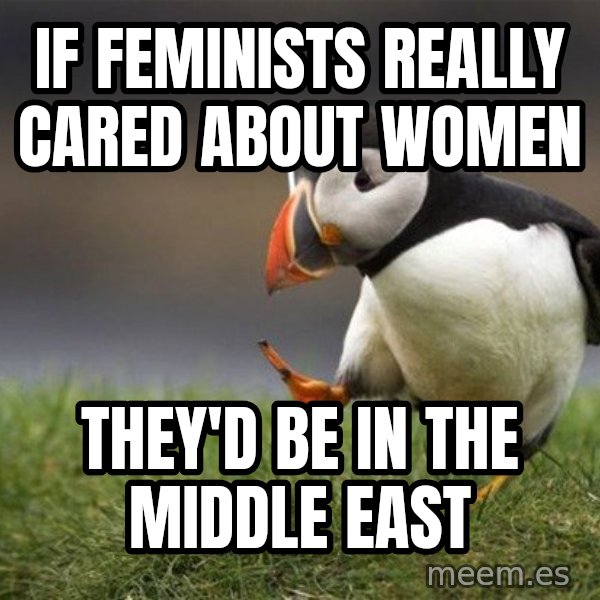 Unpopular Opinion Puffin meme: If feminists really cared about women / They'd be in the Middle East