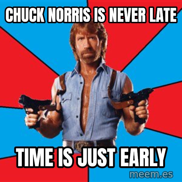 Chuck Norris  meme: Chuck Norris is never late / Time is just early