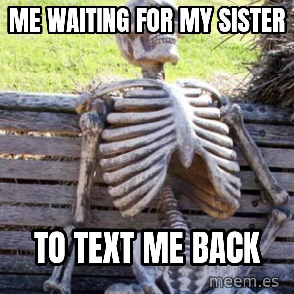 Waiting Skeleton meme: Me waiting for my sister / to text me back