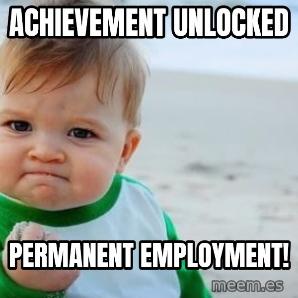 Success Kid meme: Achievement unlocked / PERMANENT EMPLOYMENT!