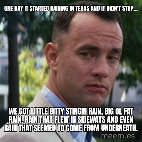forrest gump meme: One day it started raining in Texas and it didn't stop... / We got little bitty stingin rain. Big ol fat rain. Rain that flew in sideways and even rain that seemed to come from underneath.