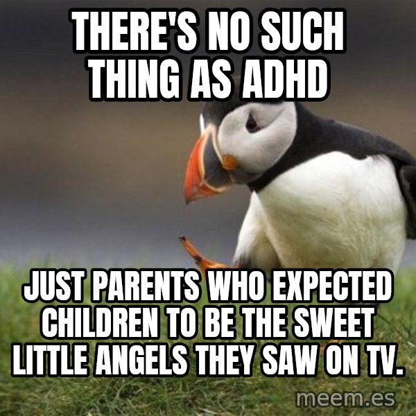Unpopular Opinion Puffin meme: there's no such thing as adhd / just parents who expected children to be the sweet little angels they saw on tv.