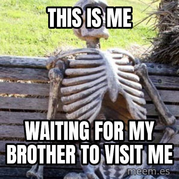 Waiting Skeleton meme: THIS IS ME / WAITING FOR MY BROTHER TO VISIT ME