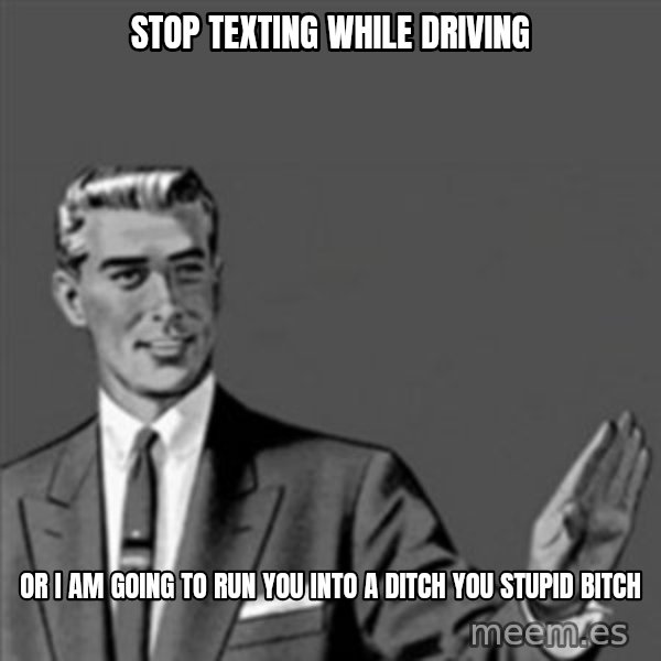 Correction Guy meme: stop texting while driving / or i am going to run you into a ditch you stupid bitch