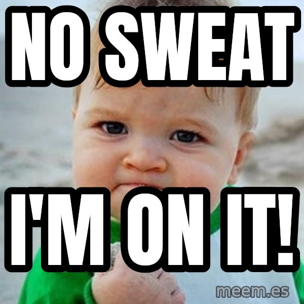 Victory Baby meme: NO SWEAT / I'M ON IT!