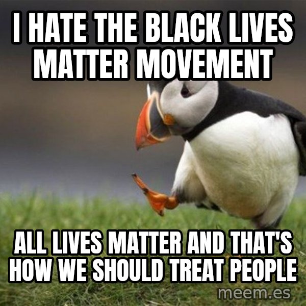 Unpopular Opinion Puffin meme: I hate the Black Lives Matter movement / All lives matter and that's how we should treat people