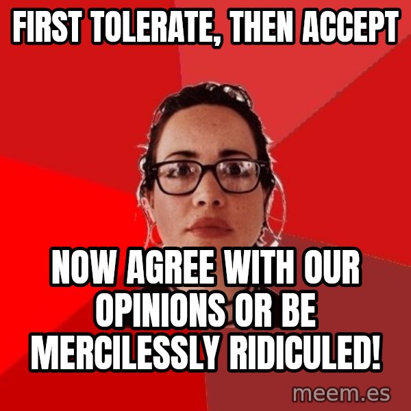 Liberal Douche Garofalo meme: first tolerate, then accept / now agree with our opinions or be mercilessly ridiculed!