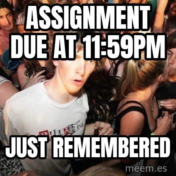 Sudden Realization Ralph meme: Assignment due at 11:59pm / just remembered