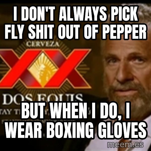 The Most Interesting Man In The World meme: I don't always pick fly shit out of pepper / But when I do, I wear boxing gloves